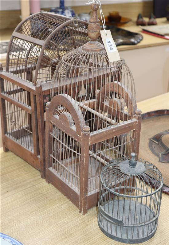 Three vintage Spanish wood and wirework bird cages